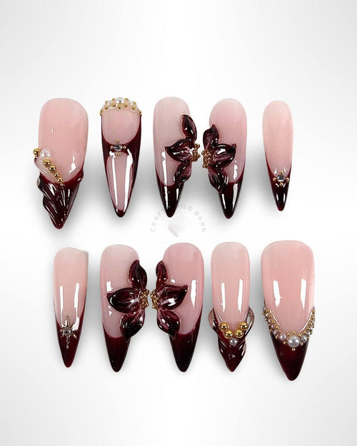 Burgundy Flower - Press On Nails