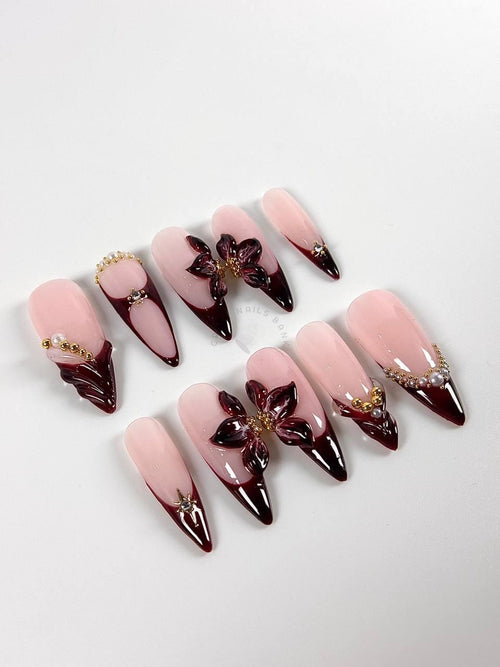 Burgundy Flower - Press On Nails