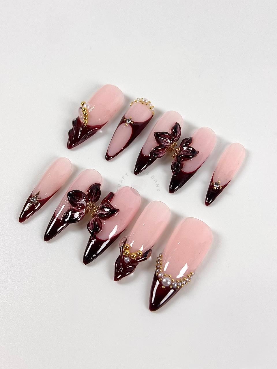 Burgundy Flower - Press On Nails